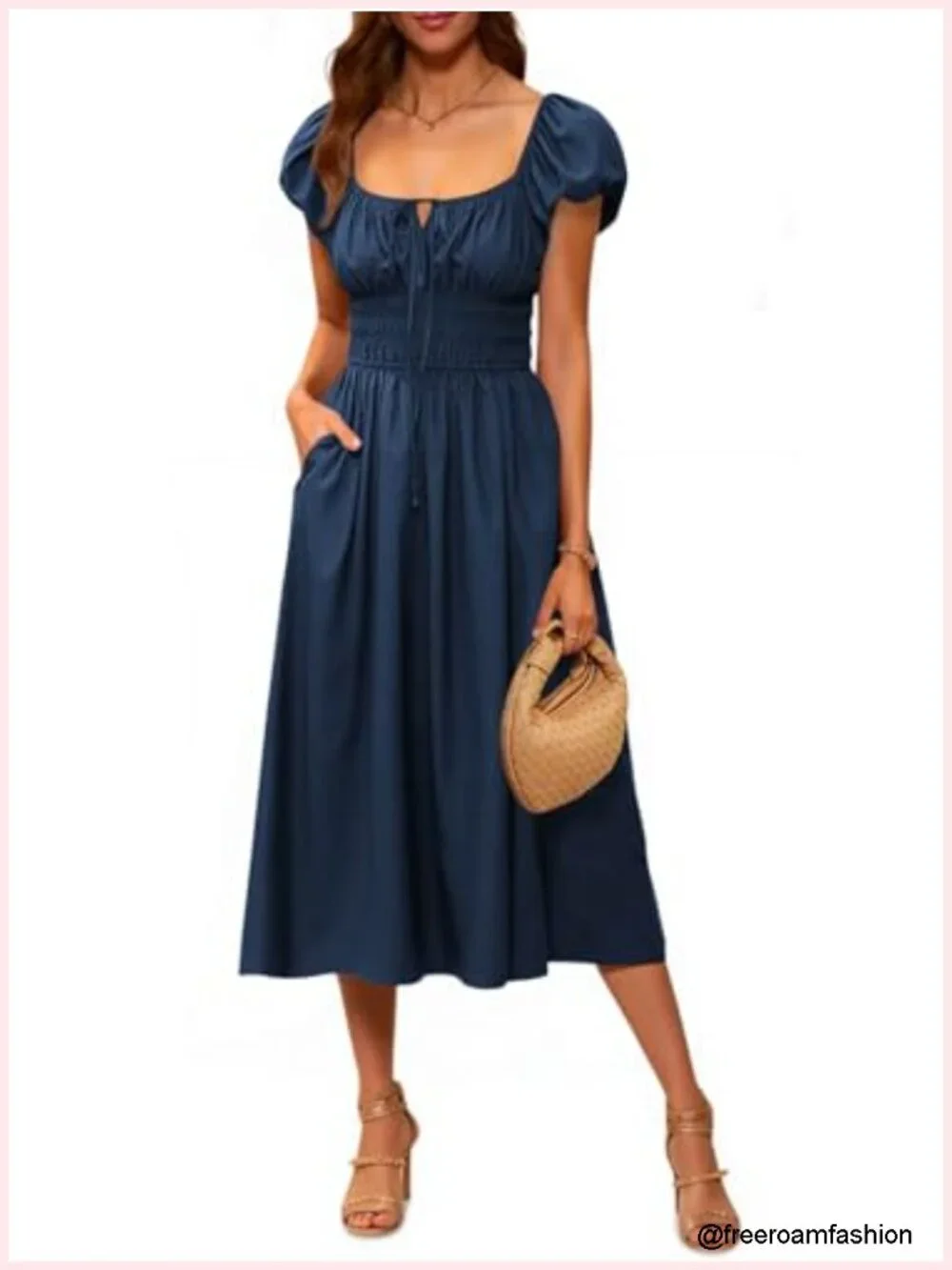 Short Puff Sleeve Midi Dress Scoop Neck A-Line Sundress with Pockets